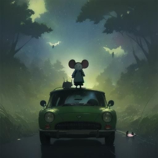 Mouse with Bat Wings in Car, Ghibli-esque Anime
