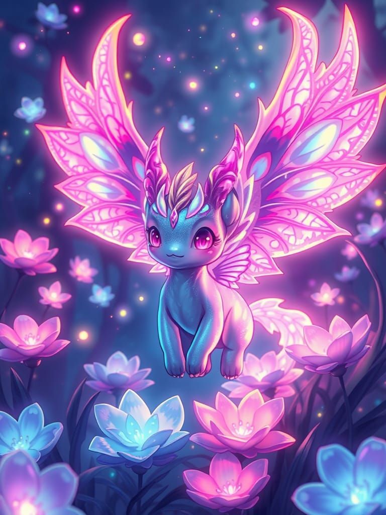 Holographic Manga Creature in Bioluminescent Garden