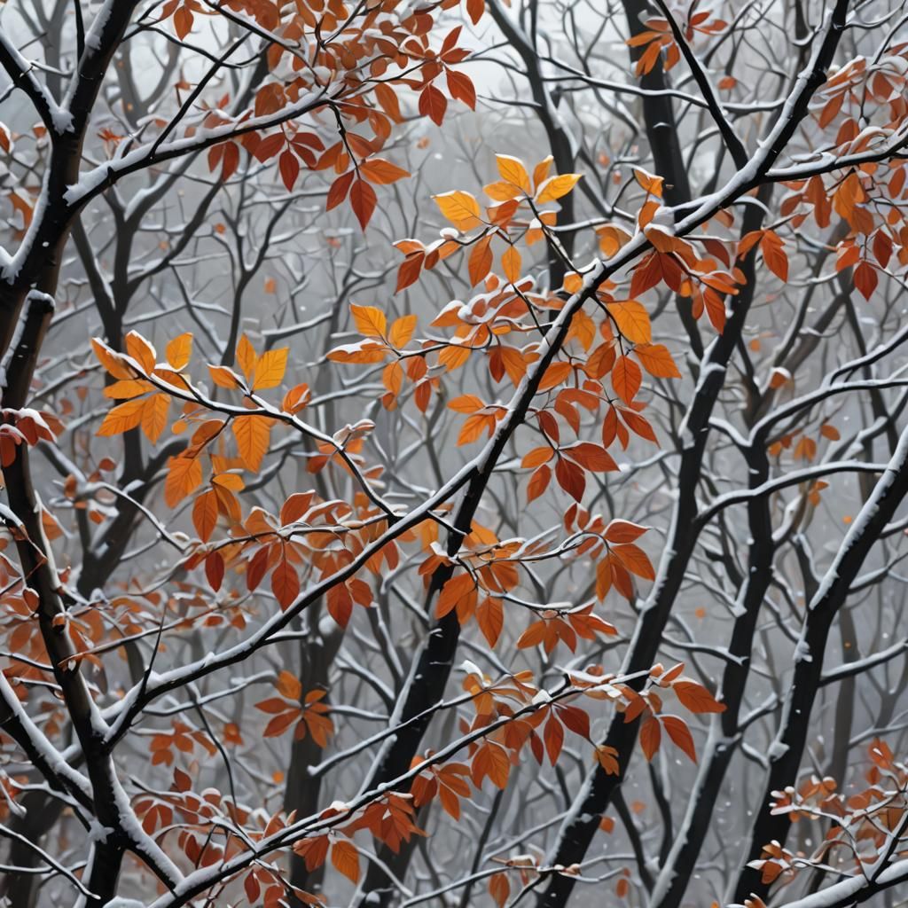 Autumn Leaves and Snow on Tree Branches