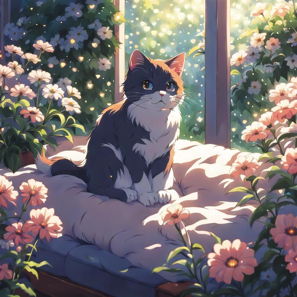 Cute Cat Among Flowers in Anime Style