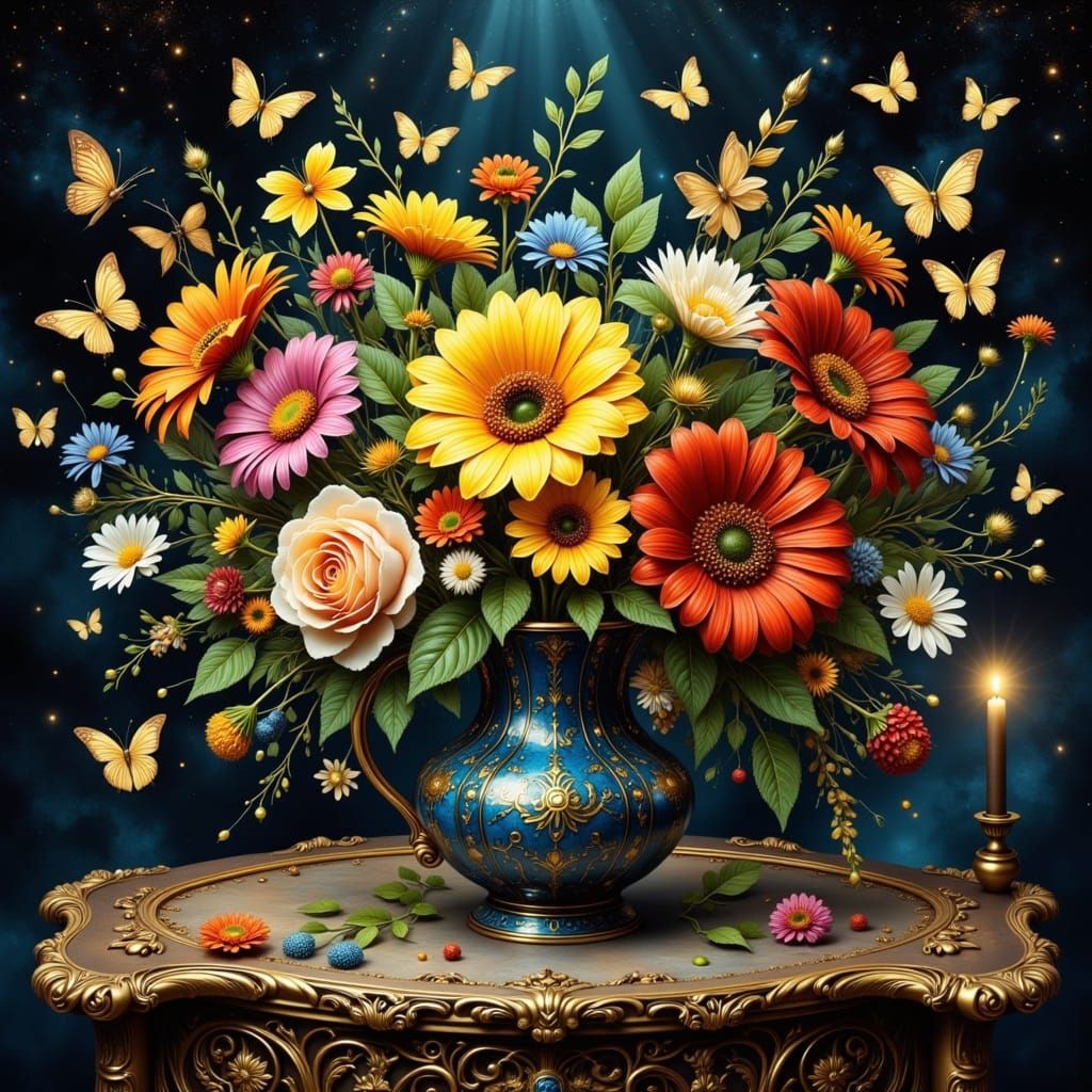 Dramatic Still Life of Flowers in Folk Art Style
