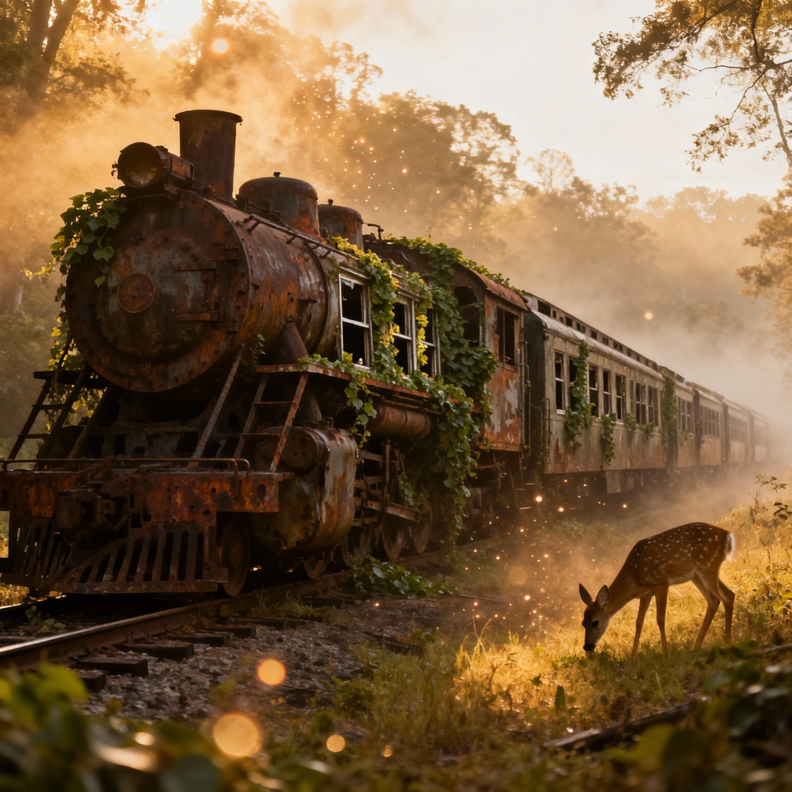 Abandoned Steam Engine Overgrown with Kudzu in Forest Fog