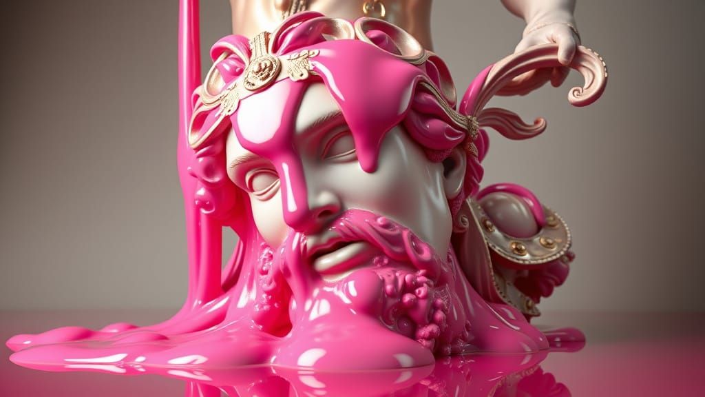 Surreal Hyperrealistic Sculpture of Perseus Melting in Pink