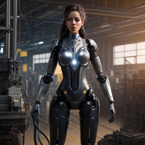 Realistic Robot Woman in Assembly Plant