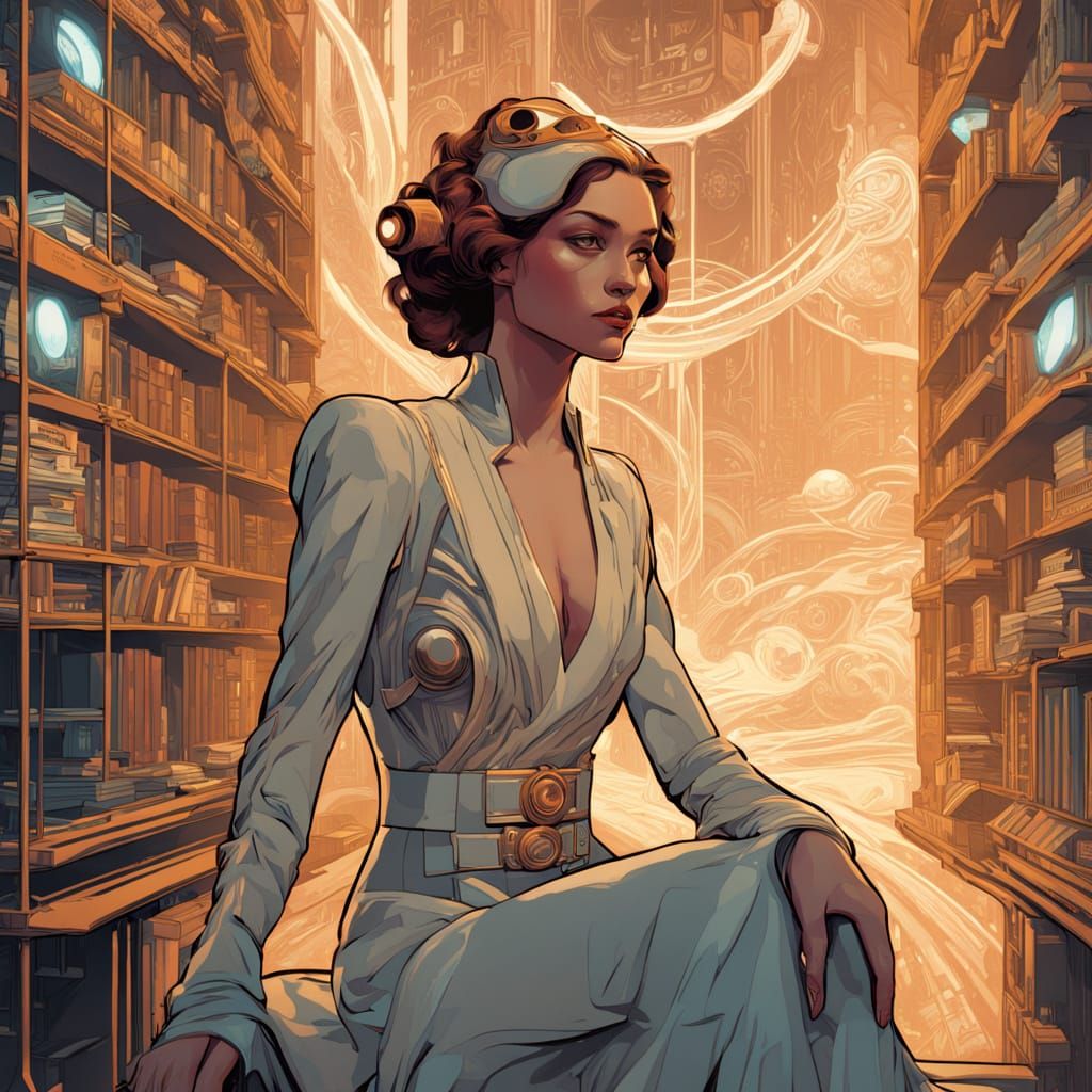 Futuristic Library with Holographic Books in Cyberpunk Style