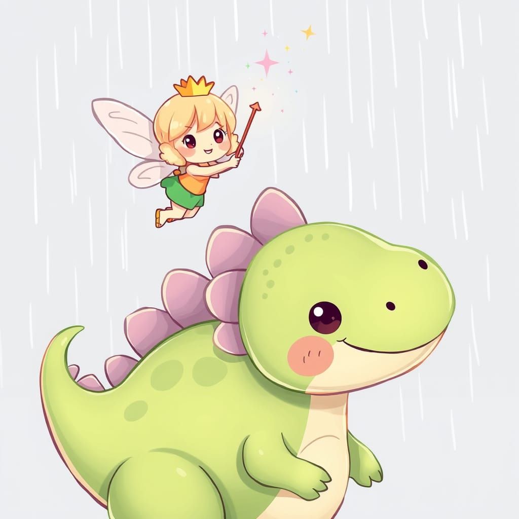 Fairy and Dinosaur Duo in Cute Kawaii Cartoon Style