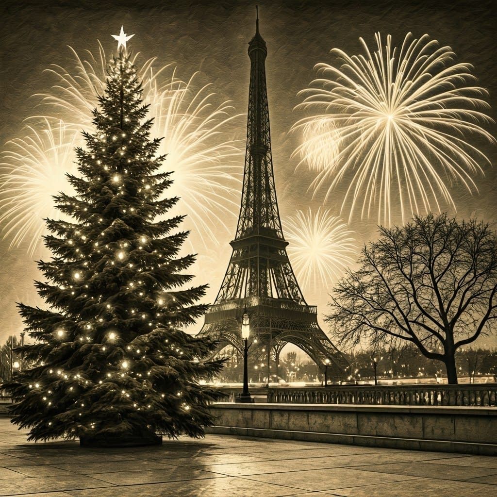 Paris New Year's Eve Vintage Postcard Charcoal Art