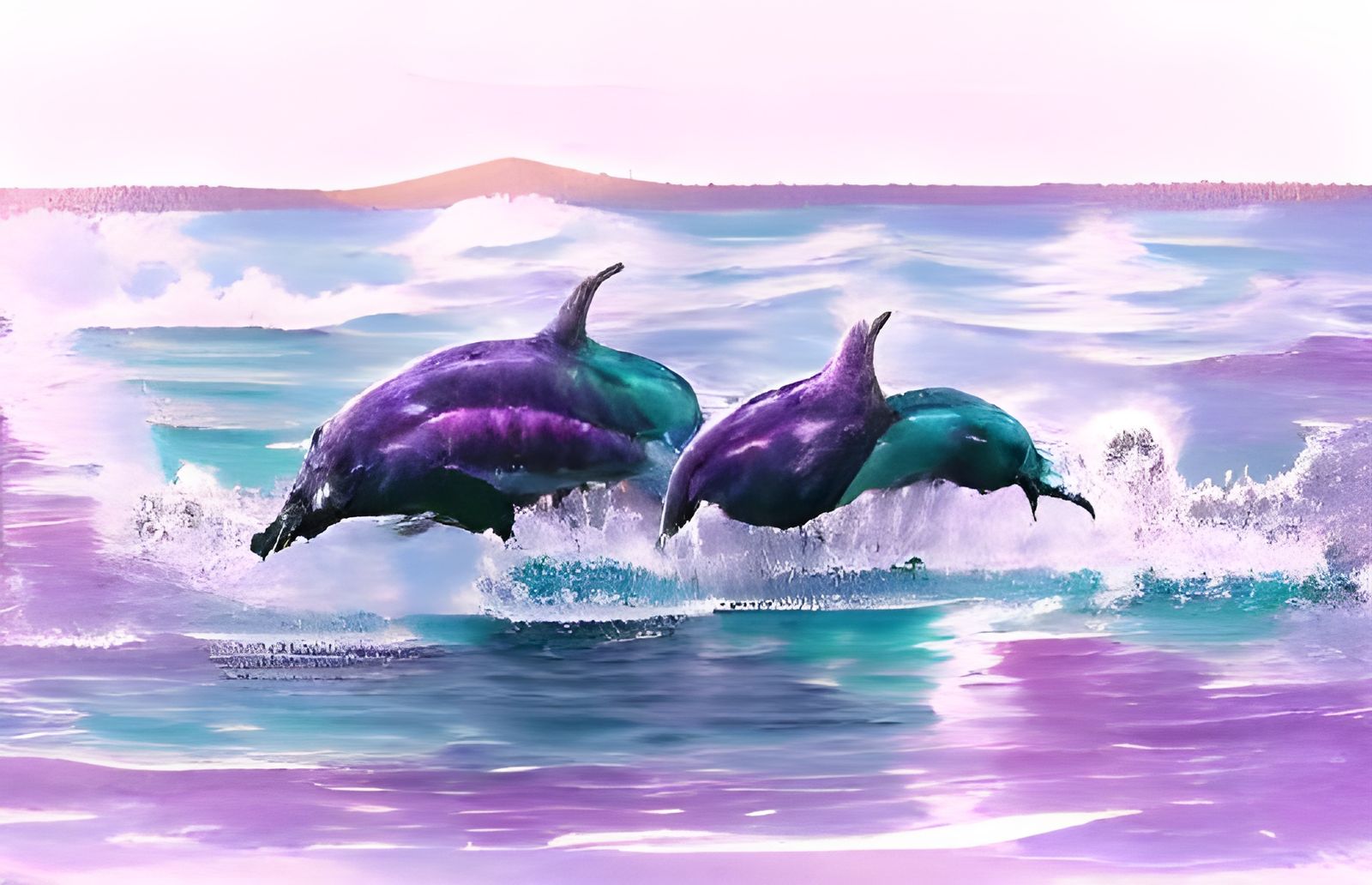 Teal and Purple Dolphins with Humpback Whale