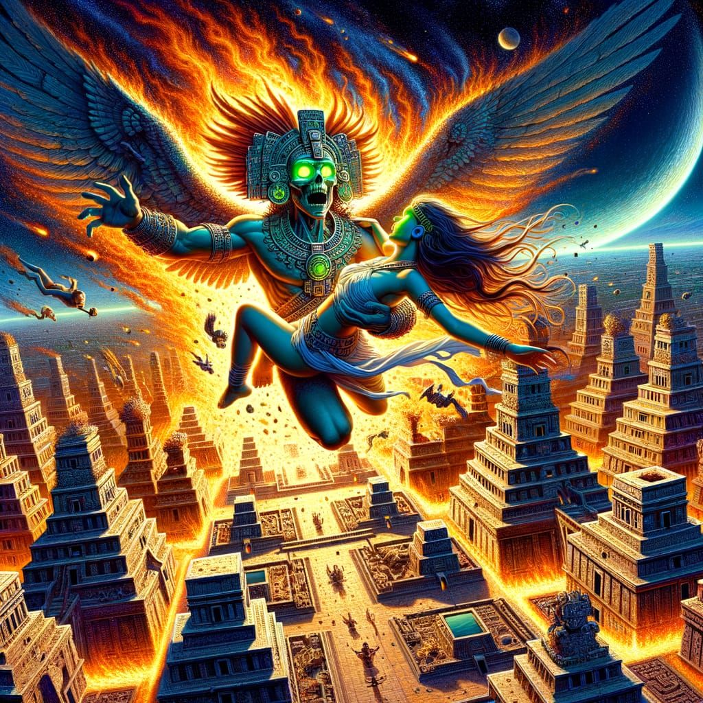 Hyper-Realistic Aztec Warrior in Flight Amidst Ancient Templ...