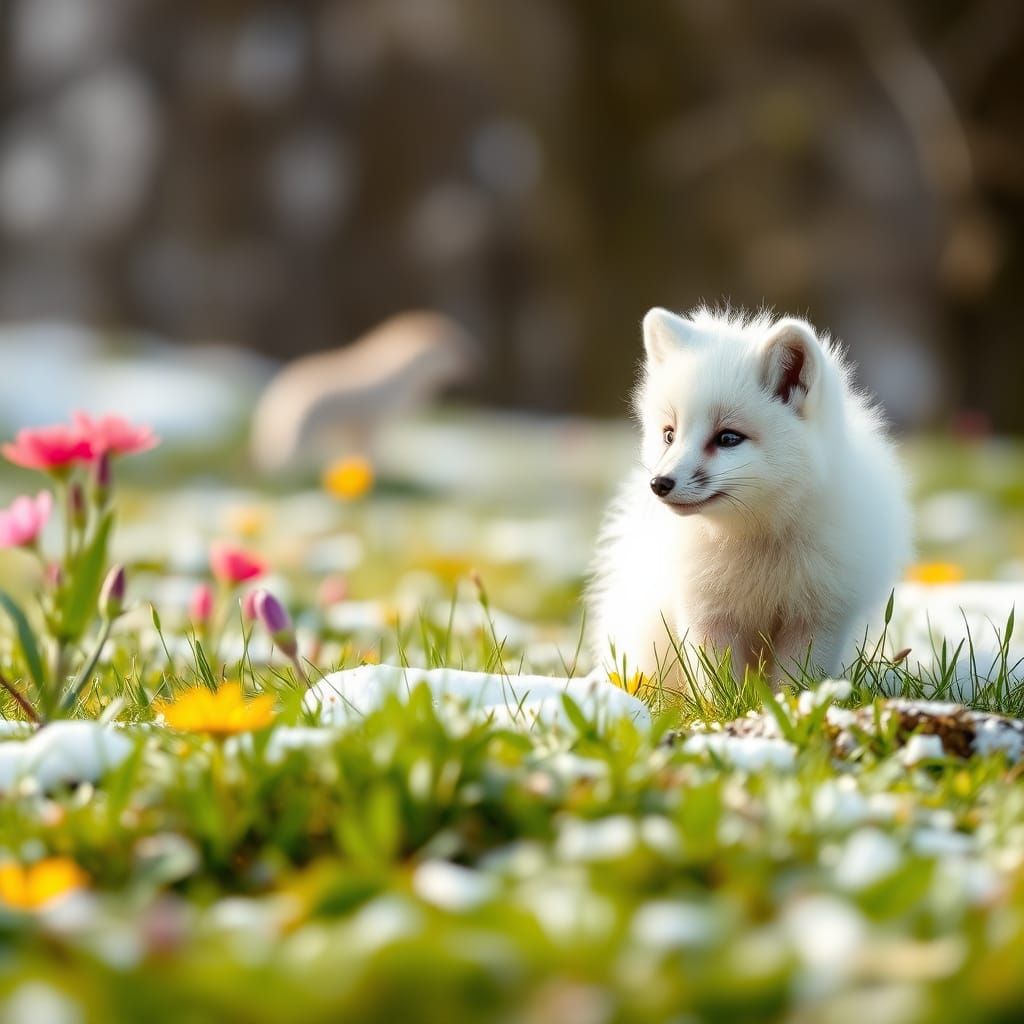Fluffy White Fox Cub in Spring Landscape