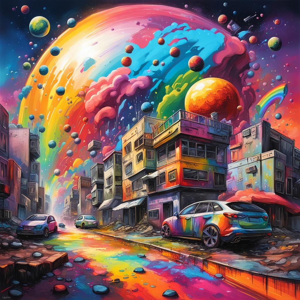 Rainbow Over Futuristic World: Graffiti Art Style