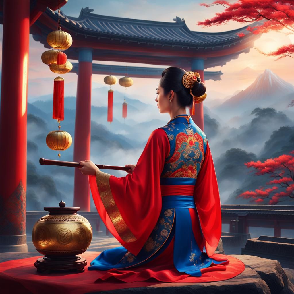Chinese Woman Plays Gong in Oil Painting Style