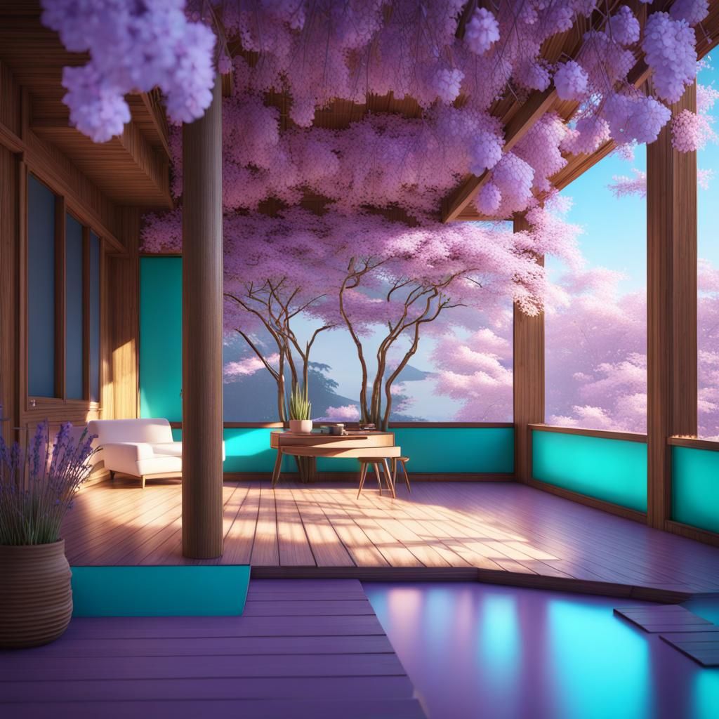 Futuristic Mansion in Lavender Cherry Blossom Forest