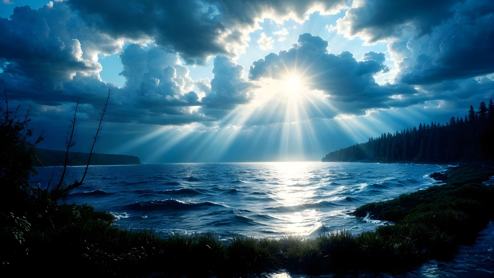 Dramatic Seascape with Sunbeam Over Blue Water