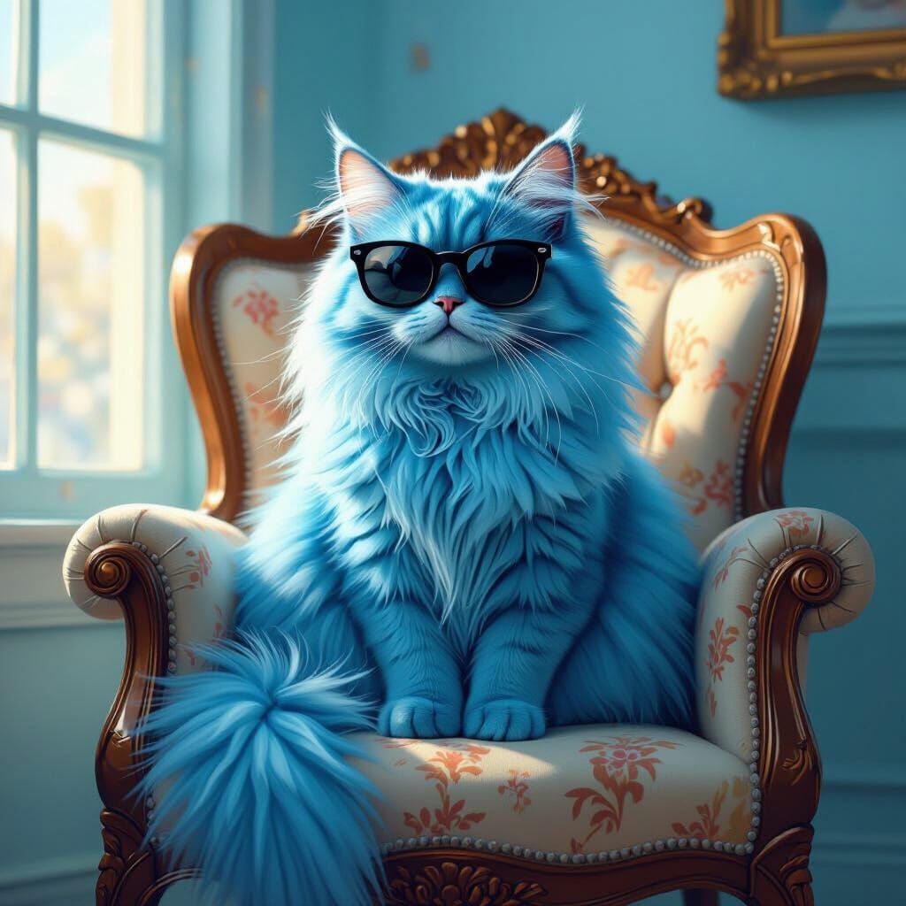 Blue Cat in Sunglasses on Armchair, Whimsical Digital Painti...
