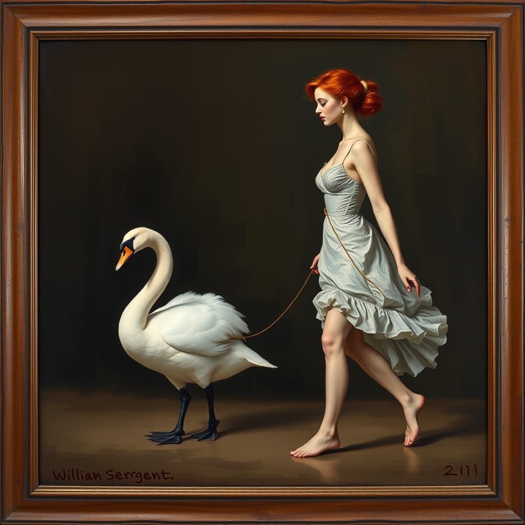 Redhead Walks Swan: 19th Century Realist Oil Painting