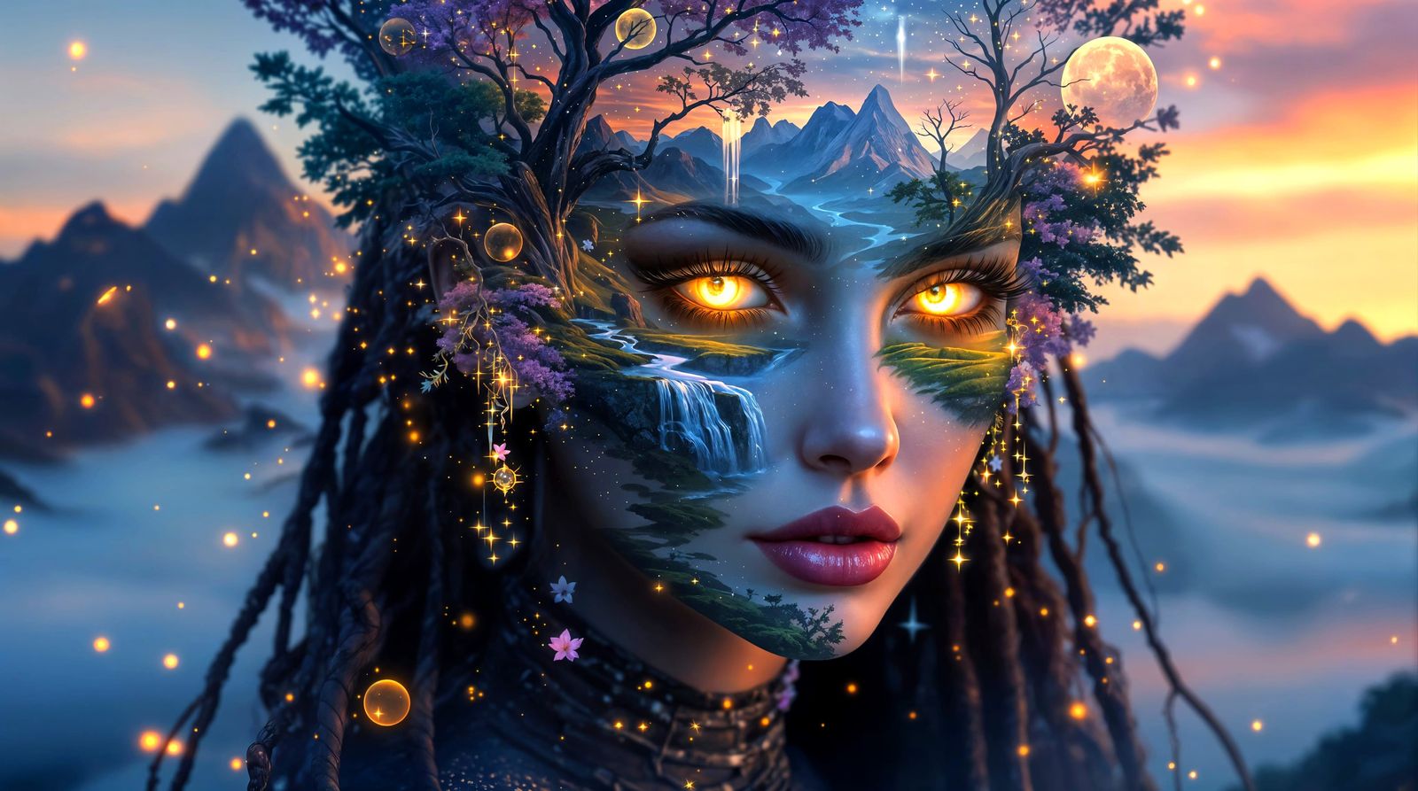 Ethereal Vampiress Witch Android in Dreamlike Landscape