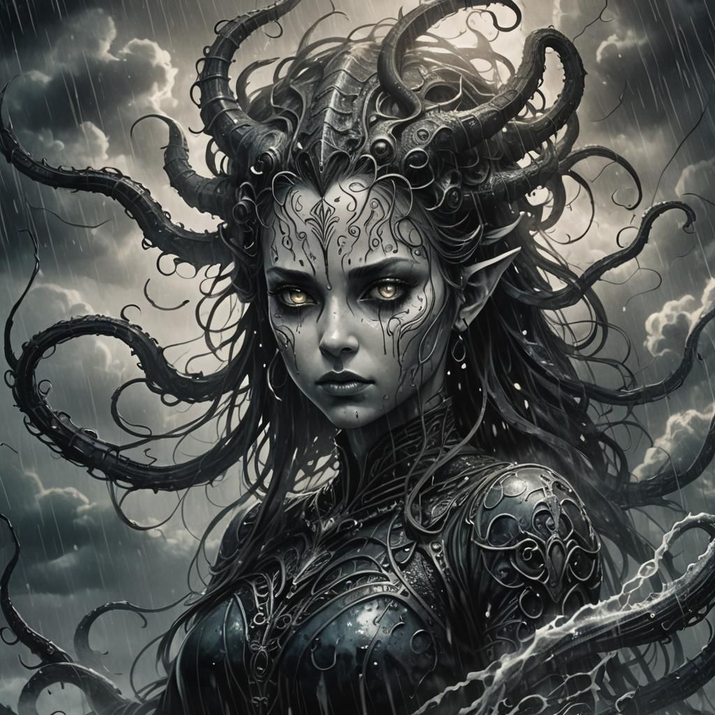 Tiefling Sorceress Conjures Storm in Dark Fantasy Anime Art