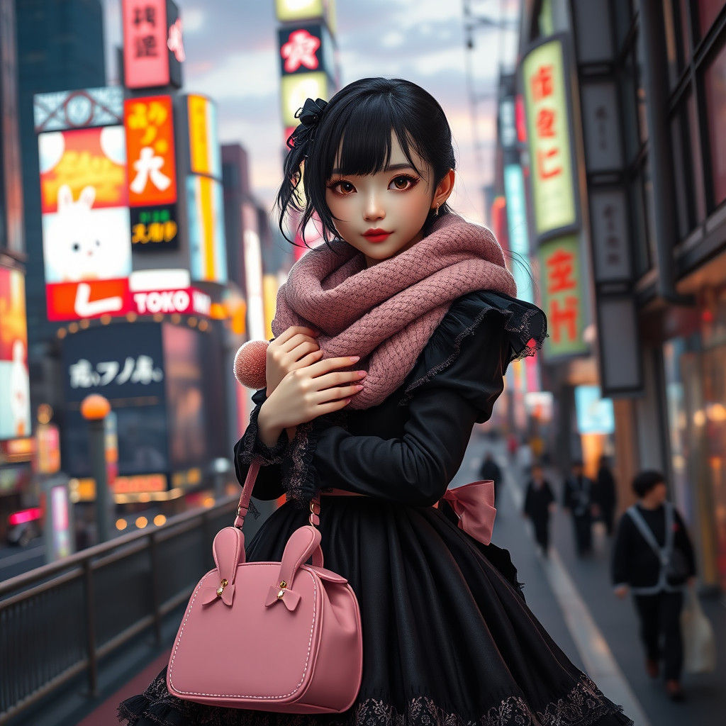 Hyperrealistic Japanese Girl in Gothic Dress, Tokyo Backdrop