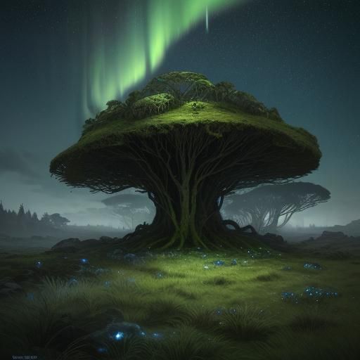 Aurora Borealis Illuminates Mystical Ruins with Glowing Mush...