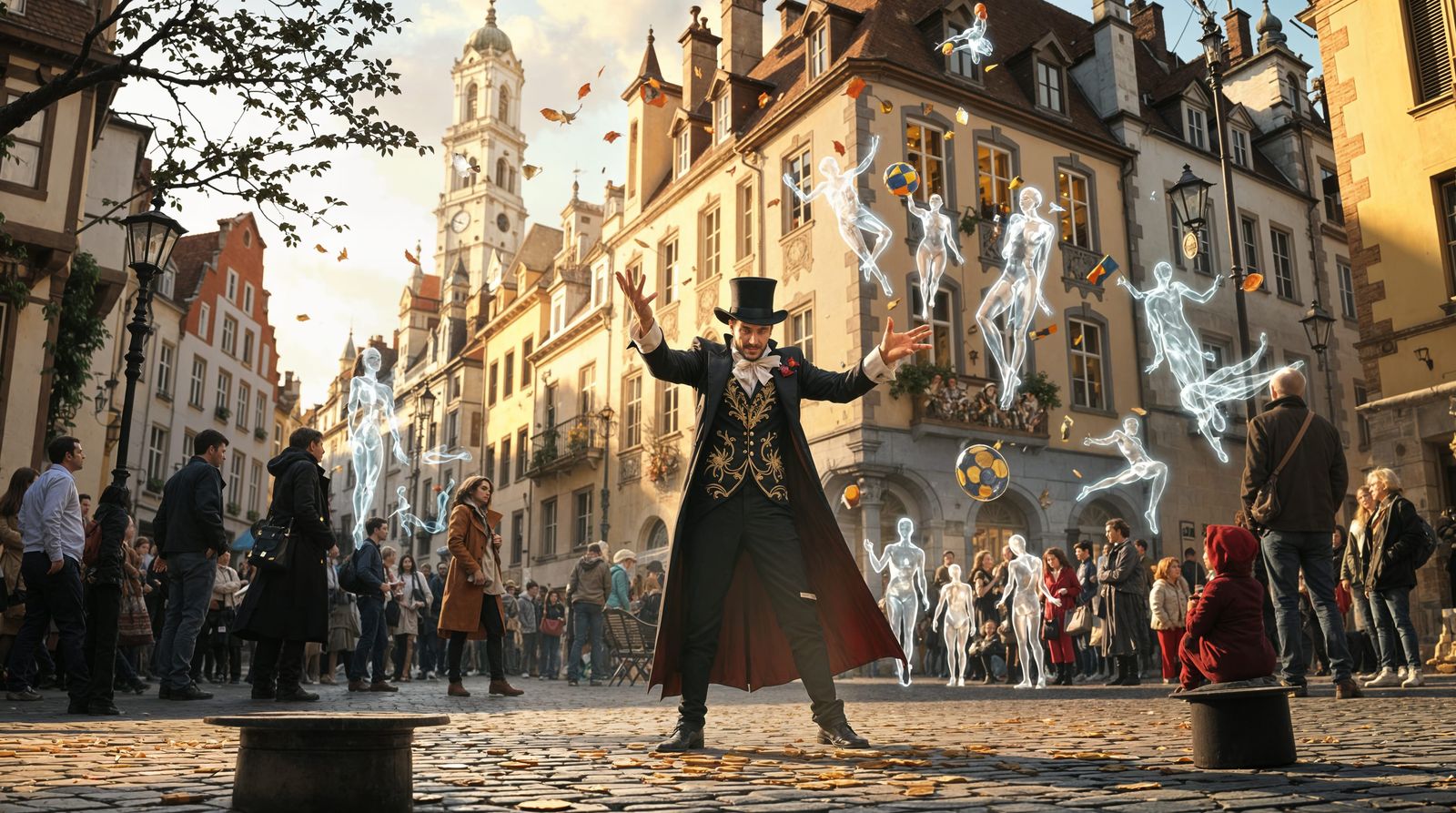 Magical Street Performer in Enchanted European City Square