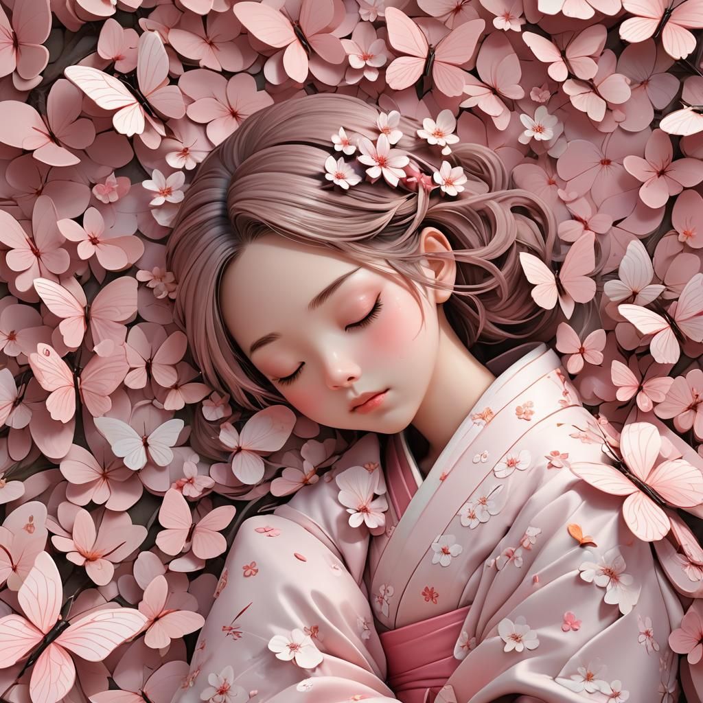 Sleeping Girl Inside Sakura Flower in Anime Style