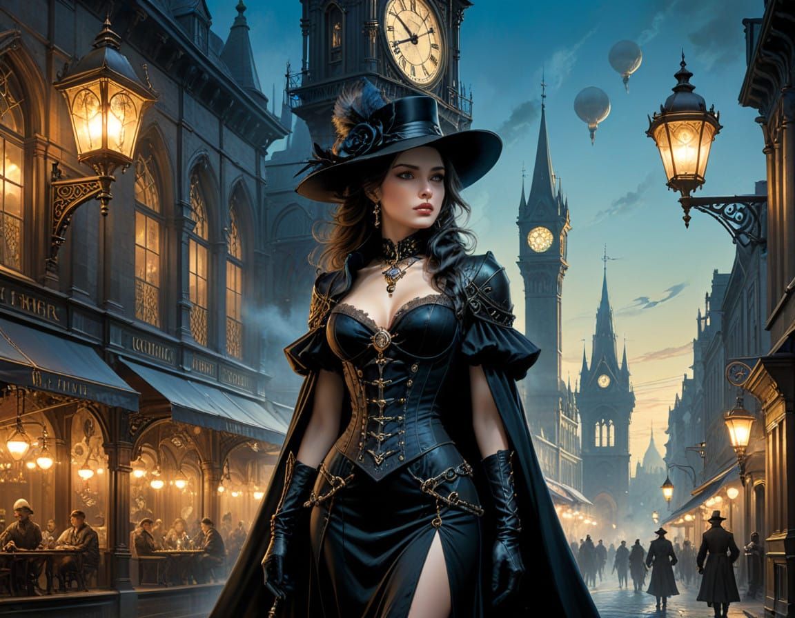 Steampunk Thief Observes Elegant Woman in Victorian City