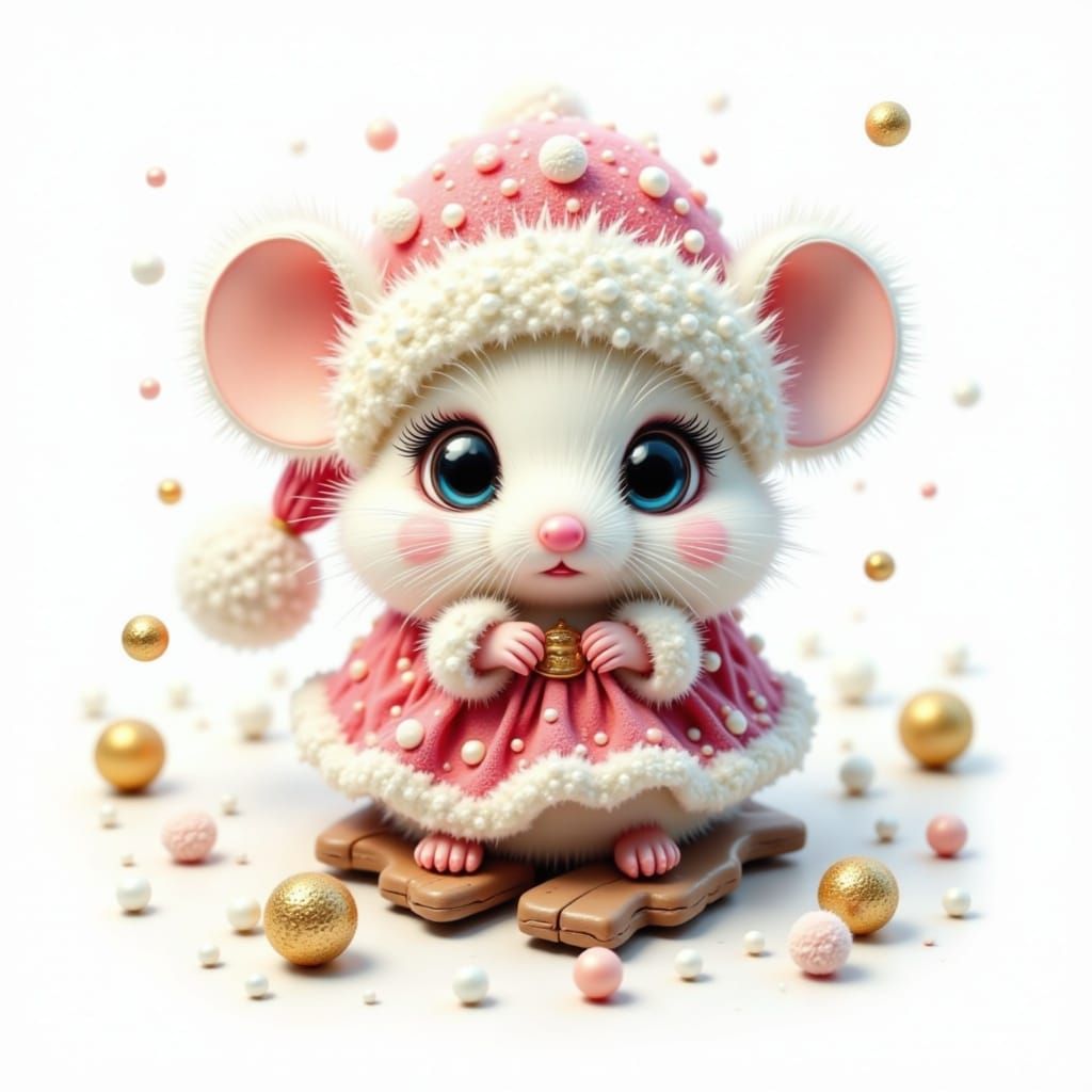 Whimsical Santa Mouse on Snowmobile in Pink Outfit