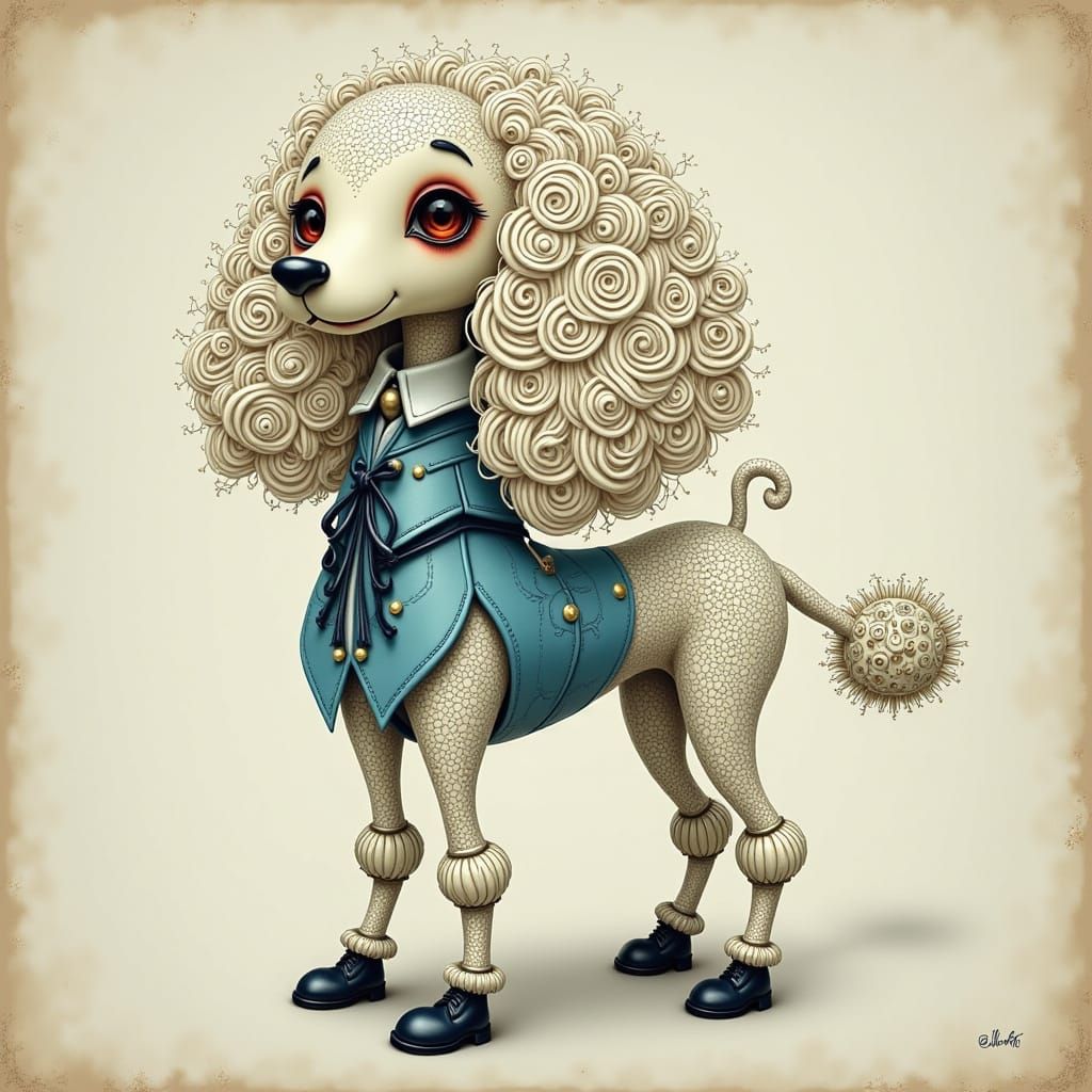 Whimsical 3D Poodle in Dreamlike Folk-Art Style