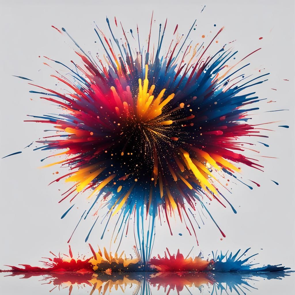 Dynamic Ink Splatter Fireworks Over Reflective Surface