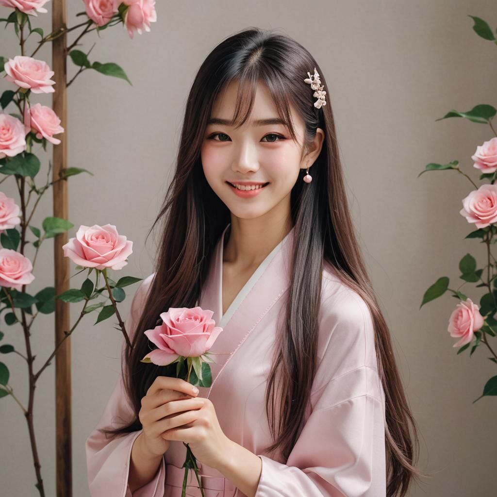 Japanese Girl with Glass Rose: Realistic Digital Art