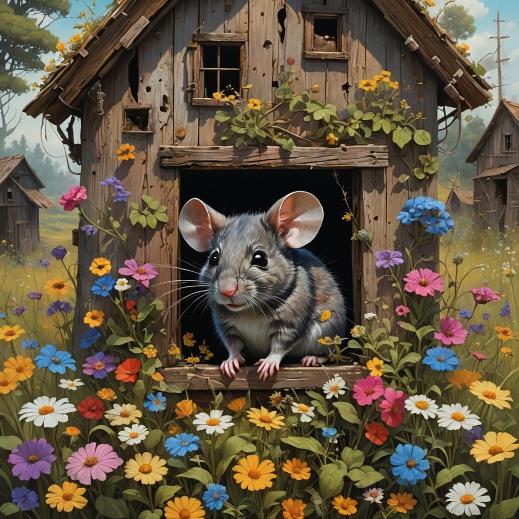 Oversized Mouse and Shack in Detailed Digital Art