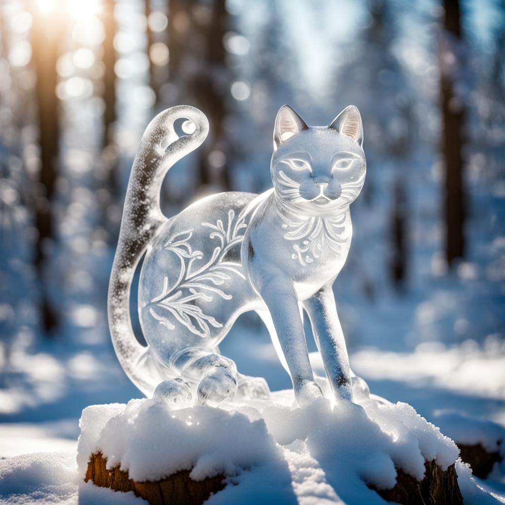 Icy Cat Sculpture in Winter Forest