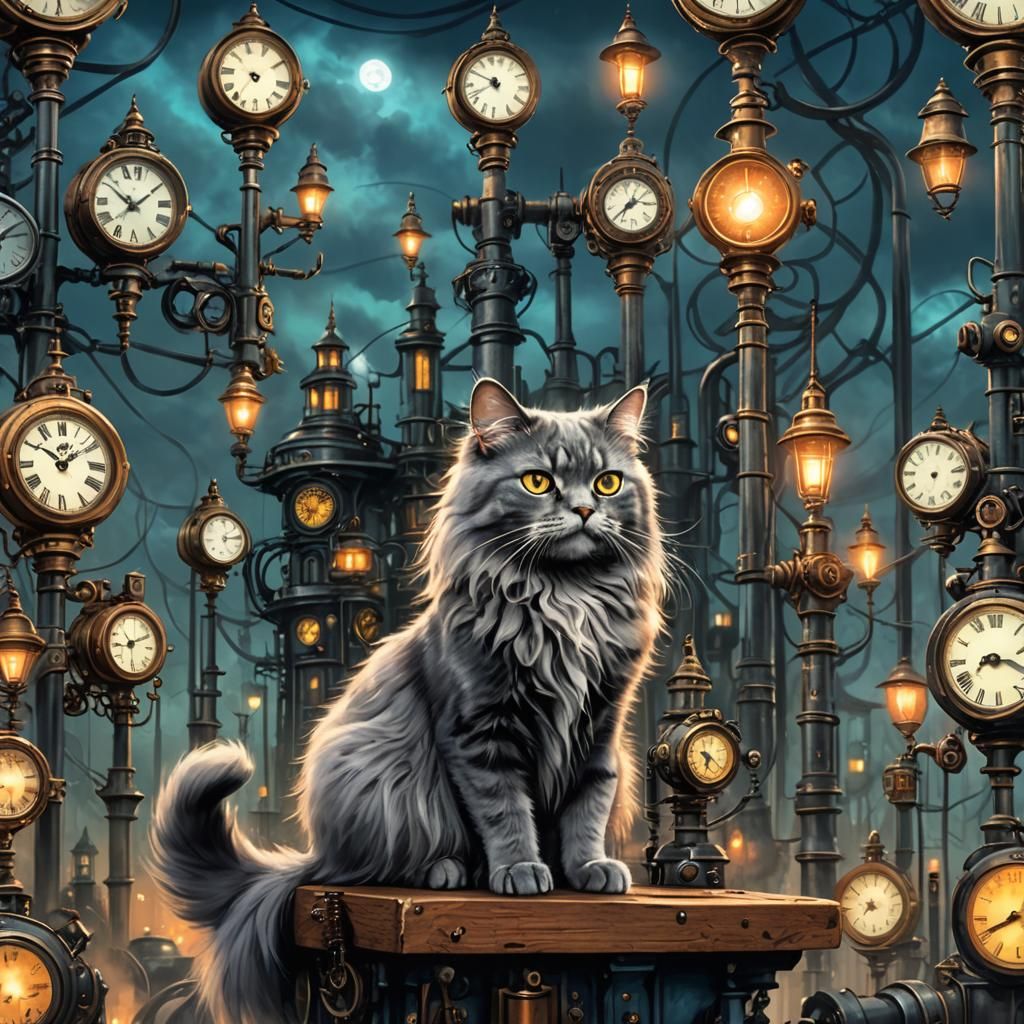 Steampunk Cat Surrounded by Clocks and Lamps