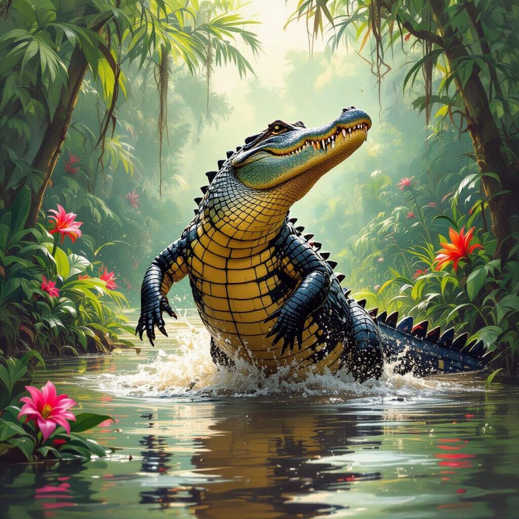 Alligator Leaps from Amazon Swamp: Wildlife Art