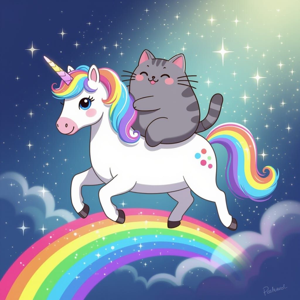 Pusheen Rides Unicorn Over Sparkly Rainbow U