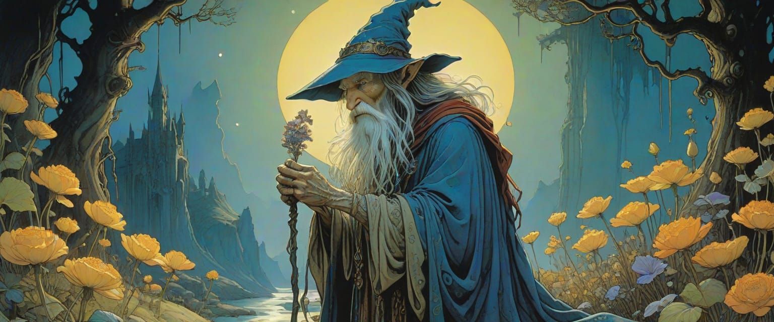 Mysterious Wizard Amidst Glowing Flowers in Chiaroscuro