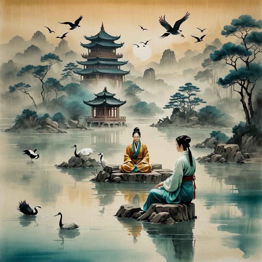 Meditating Woman in Chinese Ink Painting