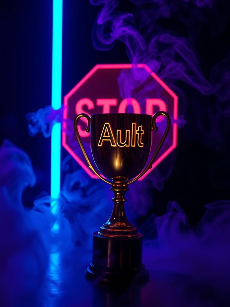 Mystical Neon Stop Sign with Gold Trophy in Dreamscape