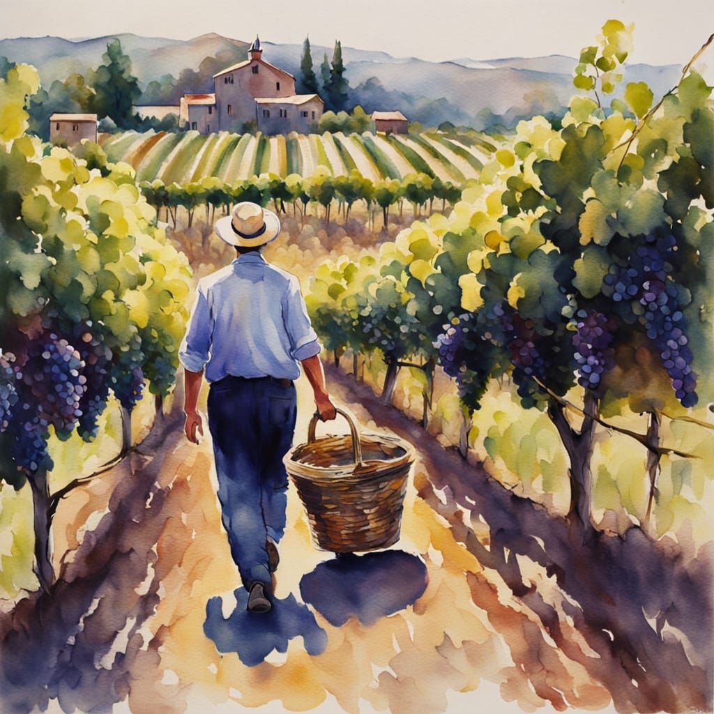 Vintner in a Lush Vineyard Landscape, in Impressionist Style