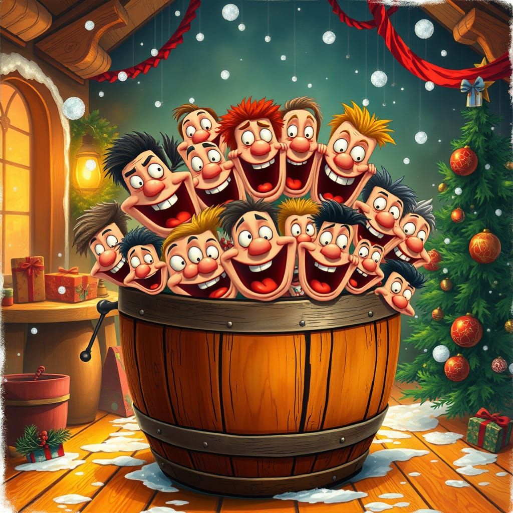 Whimsical Christmas Faces Burst from a Wooden Barrel in Vivi...