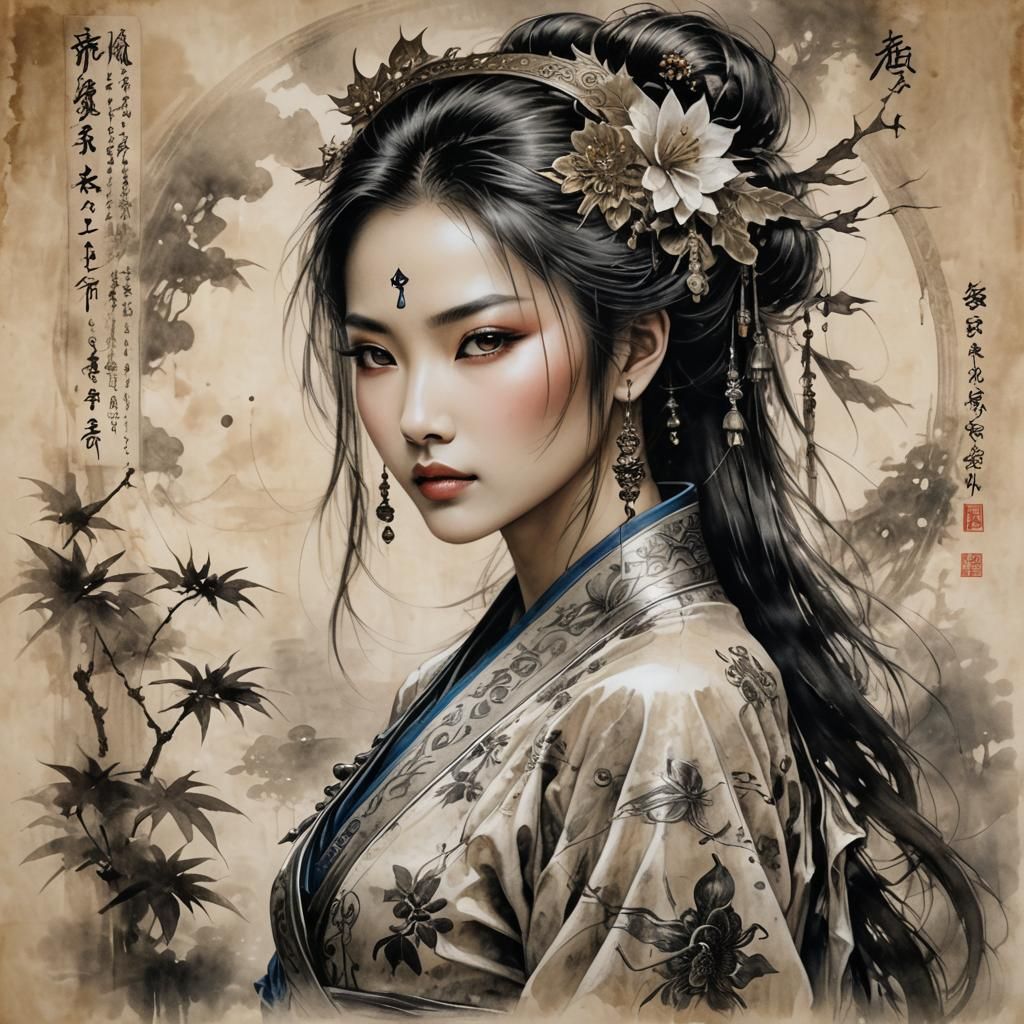 Mysterious Chinese Goddess in Traditional Asian Art Style