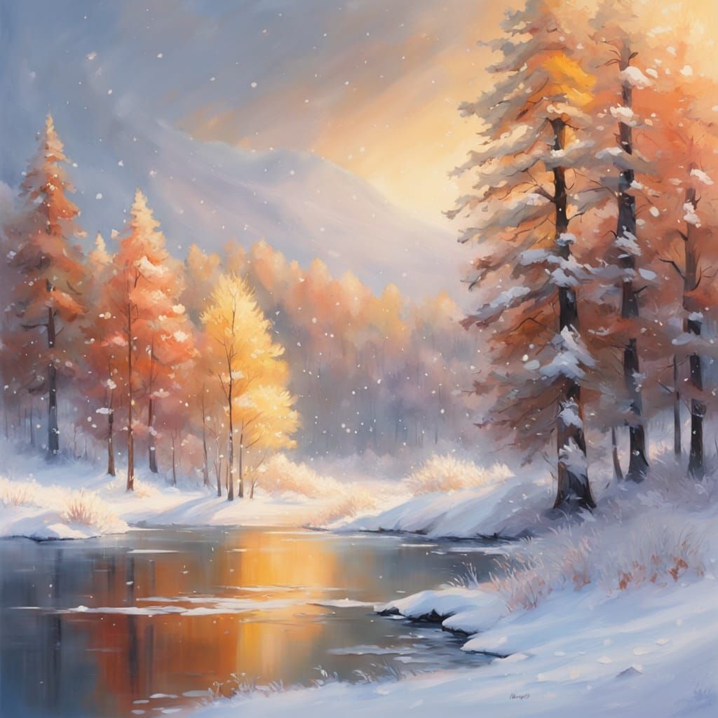 Impressionist Masterpiece: Serene Lake in Autumn Snowfall