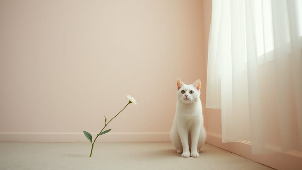 White Cat in Modern Room: Japanese Minimalism