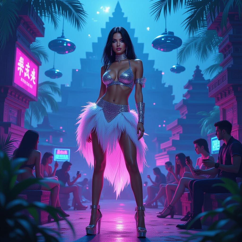 Cyberpunk Woman Amidst Jungle Pyramids and Techno Clubs