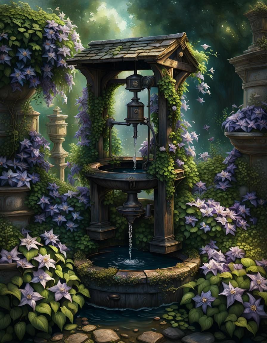 Old fashioned water pump well surrounded and overgrown with ...