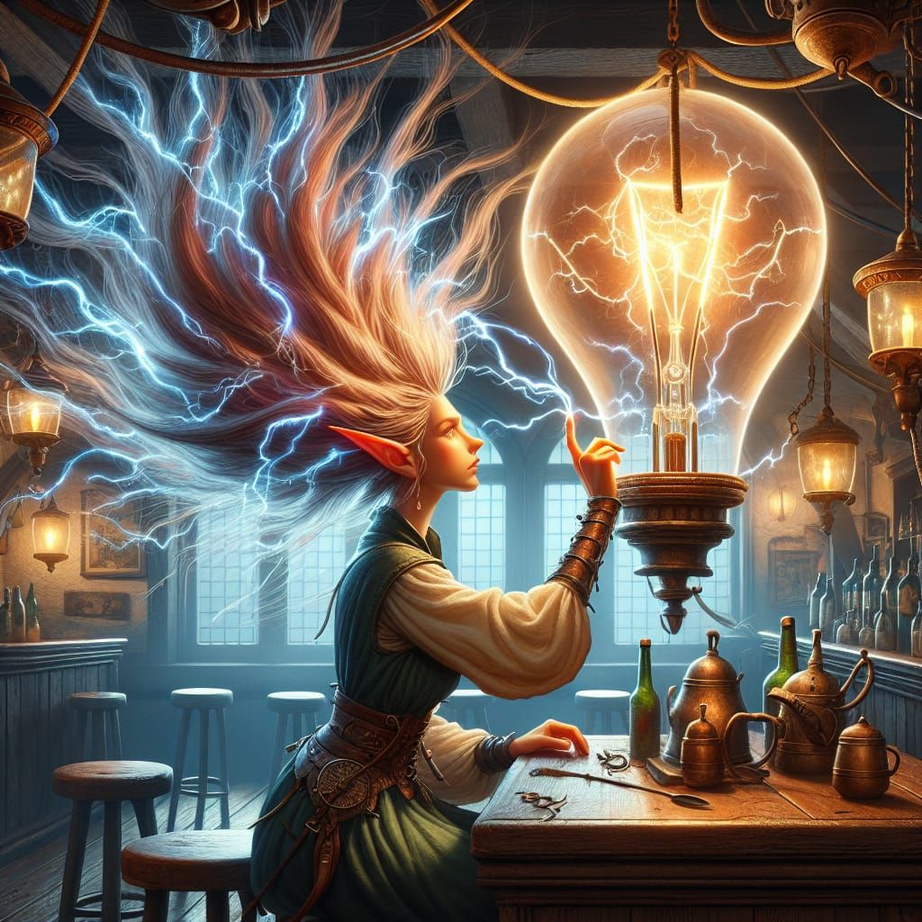 Electrified Elf in Tavern: Fantasy Concept Art