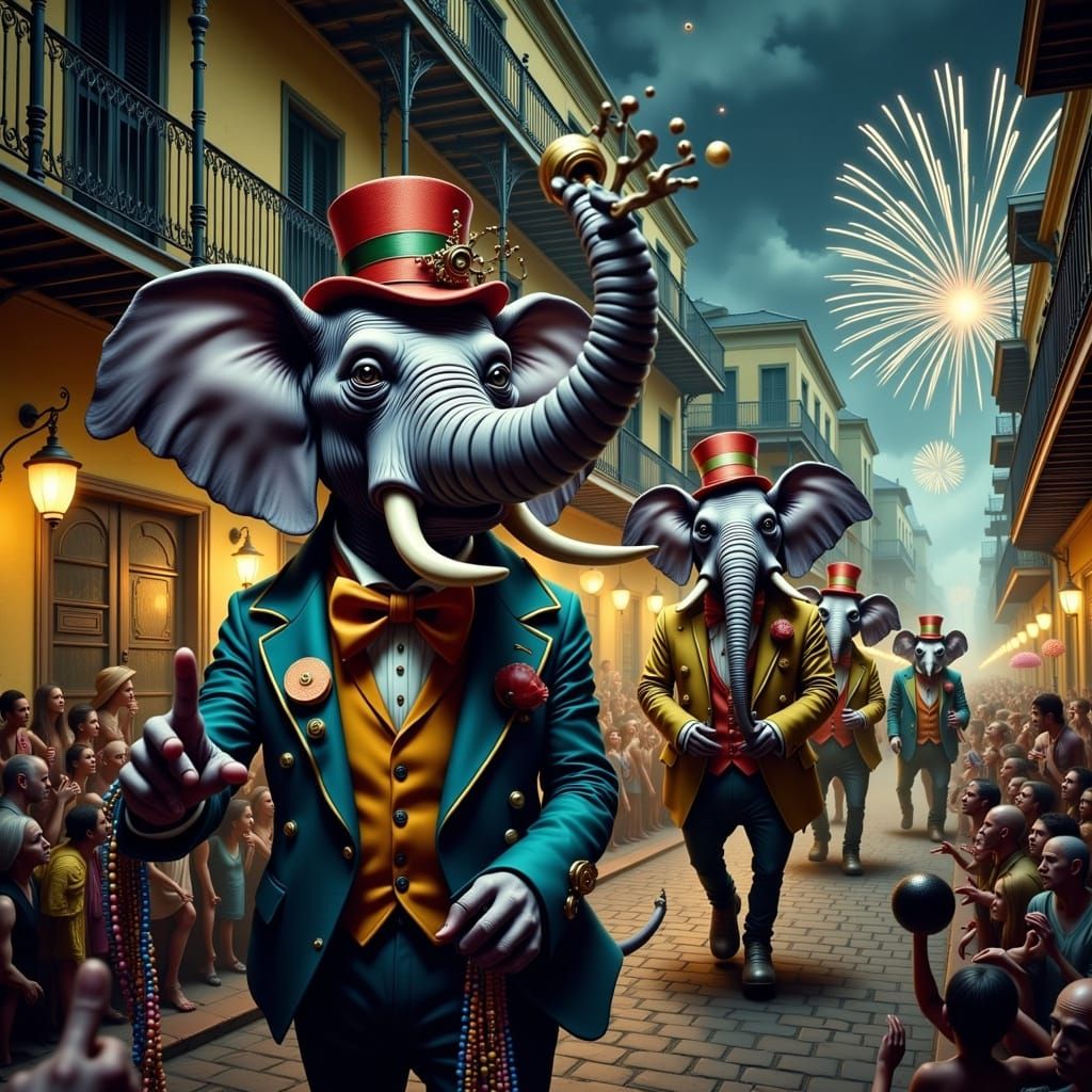 Jazz Age Elephants Celebrate Mardi Gras in the French Quarte...