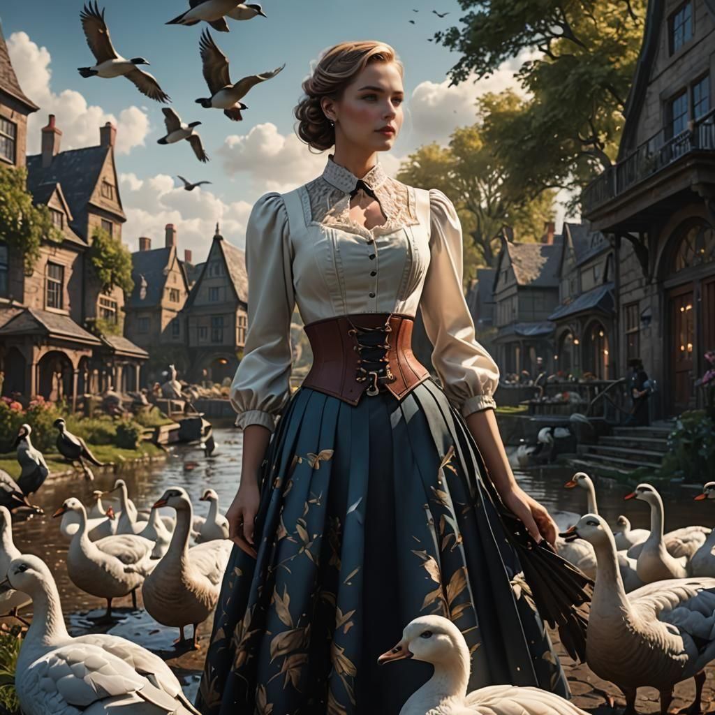 Woman Feeding Geese: Detailed Matte Painting