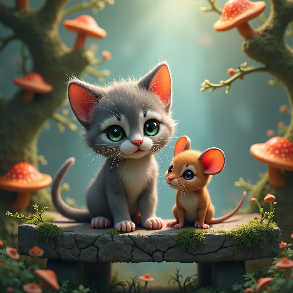 Enchanting Kitten and Mouse Friendship in Matte Painting Sty...